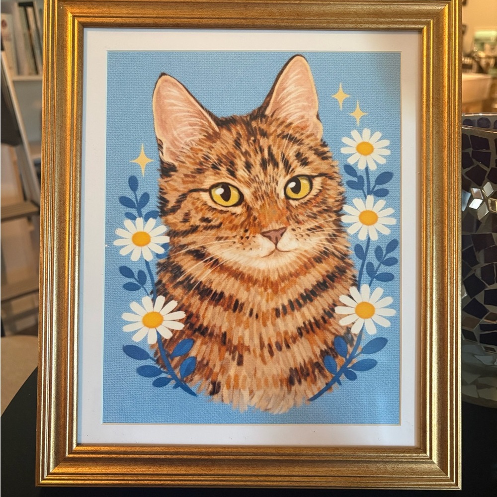 Vintage Style Tabby Cat Wall Art | Gold Framed 8x10 Floral Decor